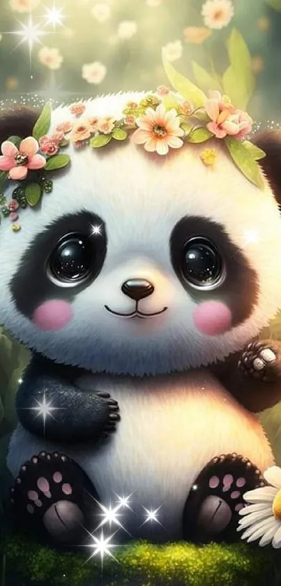 Adorable panda with a floral crown in a lush green setting.