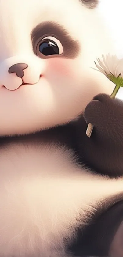 Adorable panda holding a daisy flower with a soft and fluffy appearance.