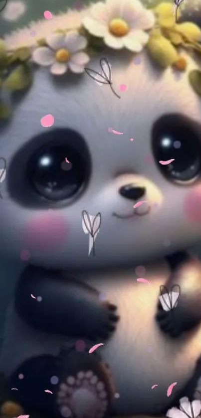 Cute panda with flower crown in whimsical style.