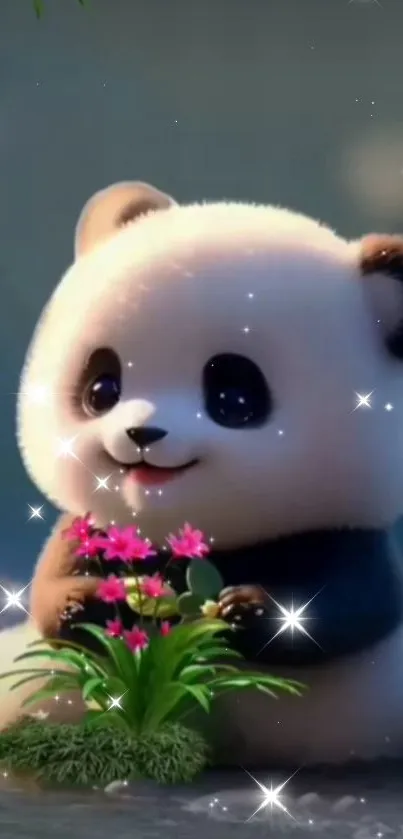 Adorable panda holding pink flowers with sparkles.