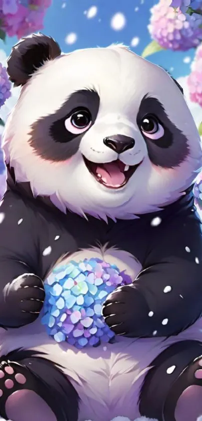 Cute cartoon panda holding a hydrangea with a floral background.