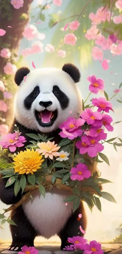 Adorable panda with colorful flowers wallpaper, perfect for a cute phone background.