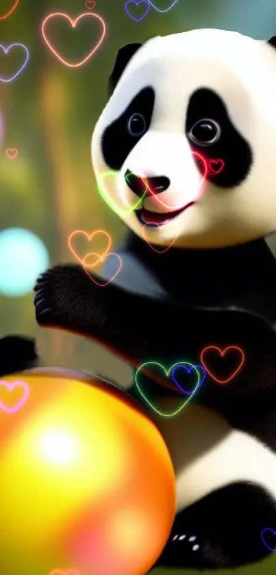 Cute panda with glowing hearts mobile wallpaper.