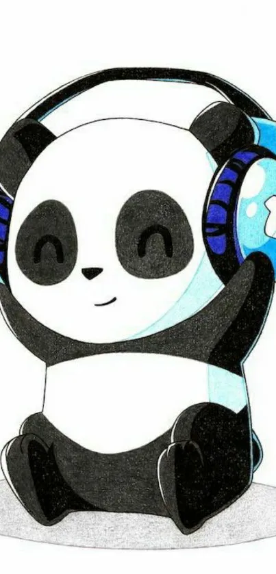 Cute panda with blue headphones on white background.