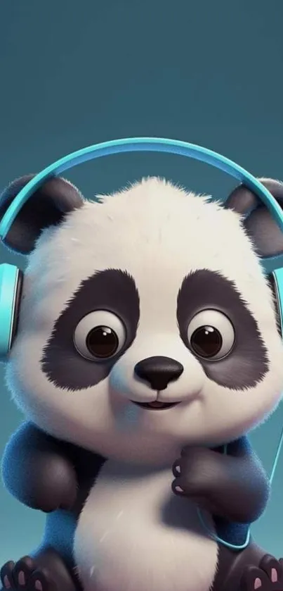 Cute panda wearing teal headphones on a blue background.