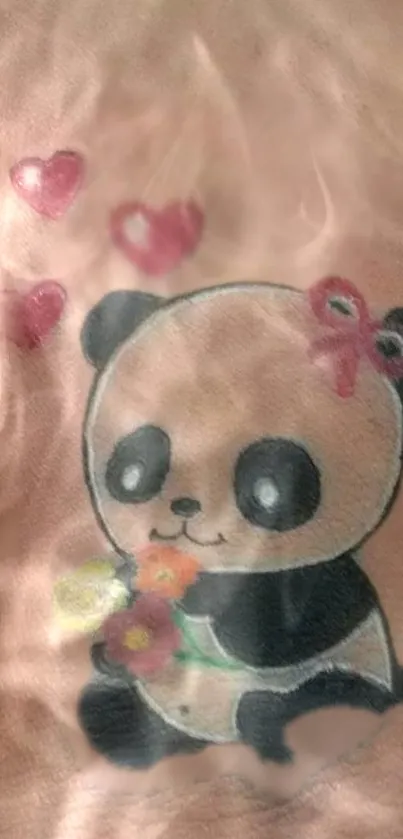 Cute panda with hearts and flowers on a pink background.