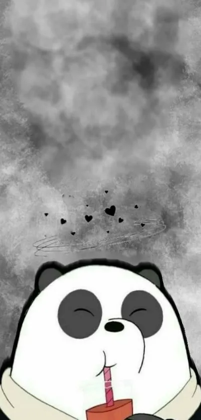 Cute panda drinking with hearts in gray background.