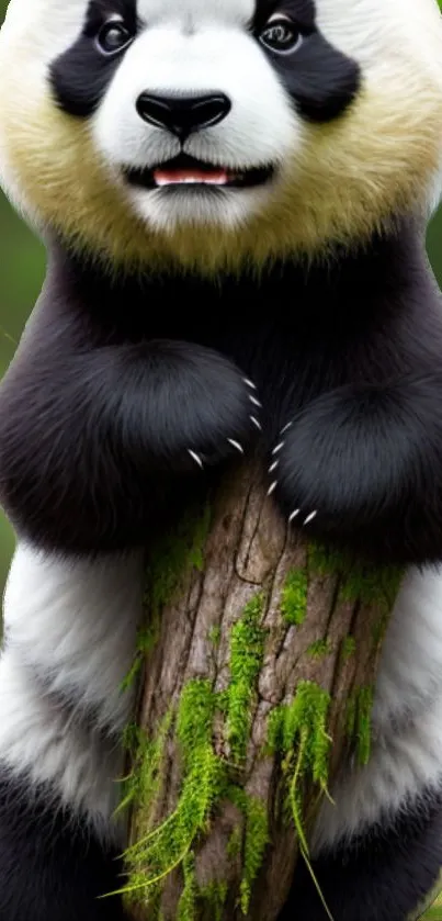 Cute panda hugging a log amidst green forest scenery.