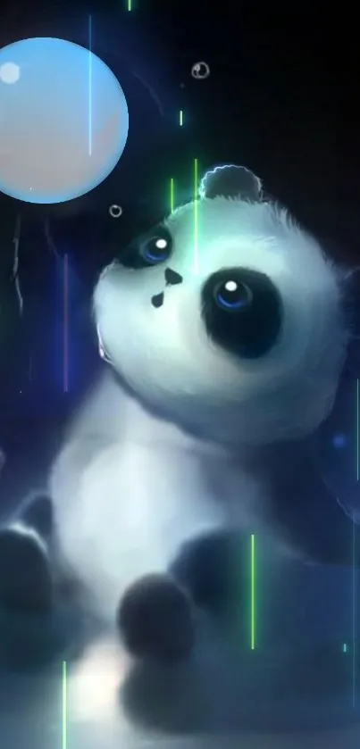 Cute panda with glowing bubble and neon lights on dark background.