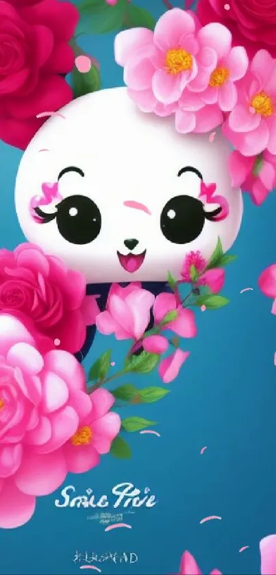 Cute panda surrounded by pink flowers on a blue background.