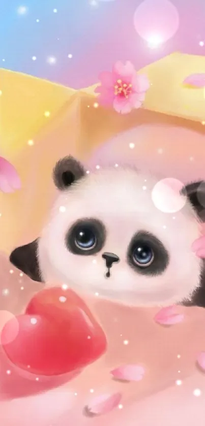 Cute panda with a pink heart and blossoms, soft pastel background.