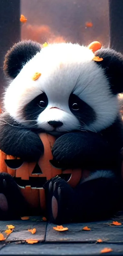 Cute panda sitting with pumpkins, surrounded by autumn leaves.