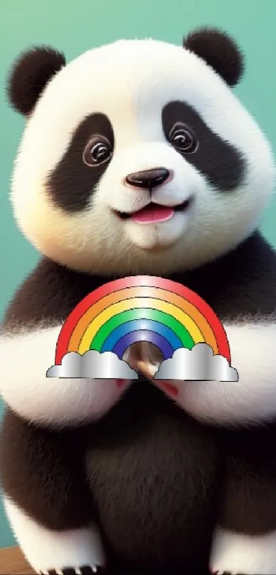 Cute panda holding a rainbow on a vibrant aqua background.