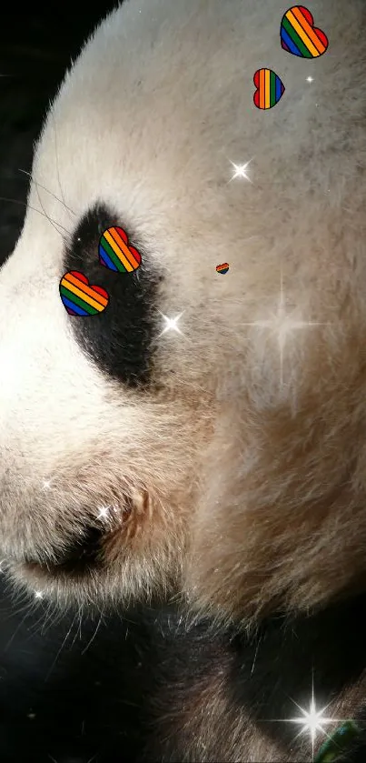 Cute panda with rainbow heart accents and sparkling stars in a whimsical design.