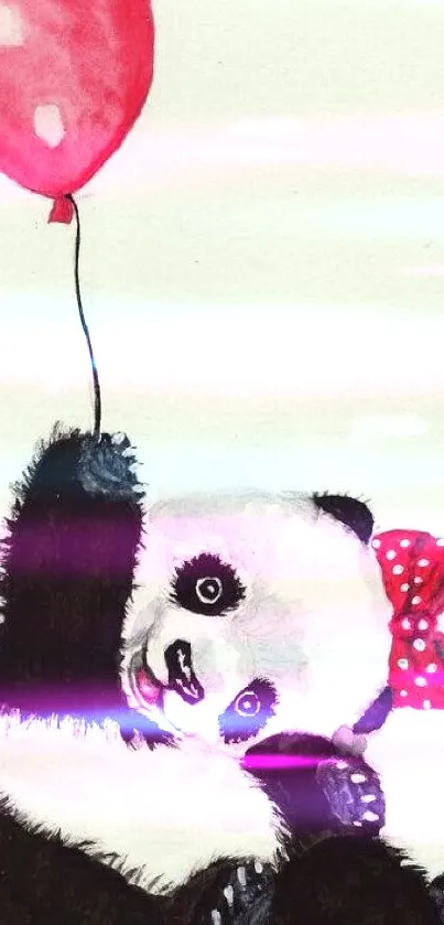 Cute panda with red balloon and polka-dot bow illustration.