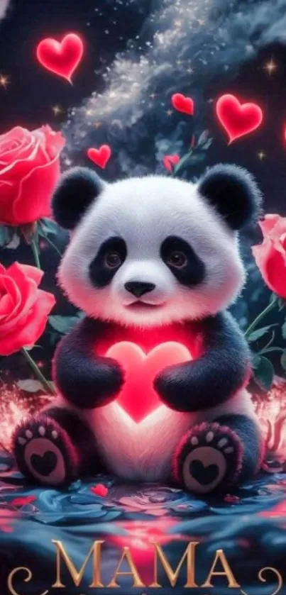 Cute panda with glowing heart and roses.