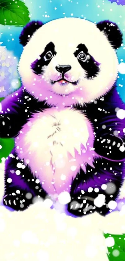 Cute cartoon panda surrounded by snowflakes.