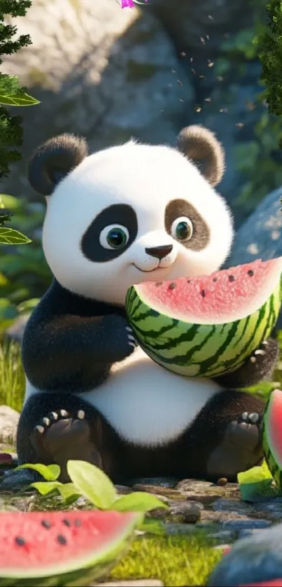 Cartoon panda bear enjoying a watermelon in a green forest.