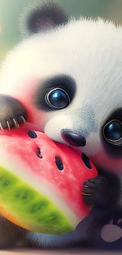 Cute panda holding a watermelon slice.