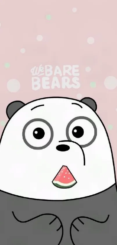 Cartoon panda with watermelon on pink background, We Bare Bears theme.