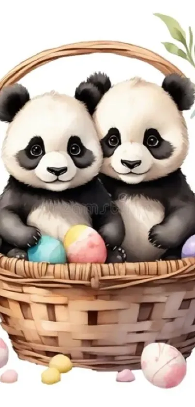 Two cute pandas in a basket with Easter eggs.