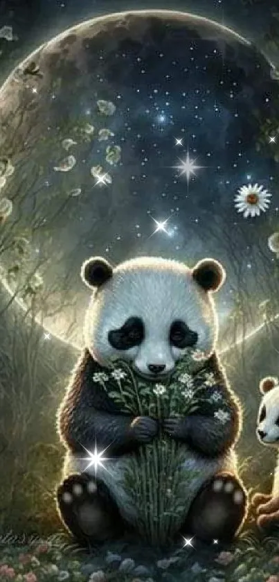 Adorable panda bears sit under a glowing moon, surrounded by flowers in a mystical setting.