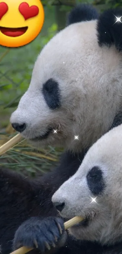 Two cute pandas with heart-eye emoji eating bamboo, green nature background.
