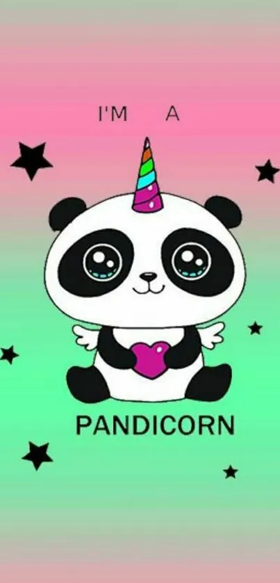 Cute Pandicorn wallpaper with unicorn horn and stars on pink-green gradient.