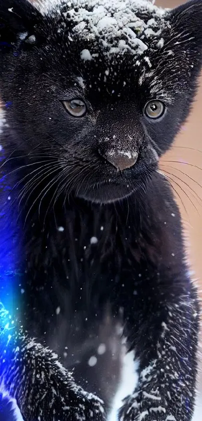 Playful black panther cub running in the snow.