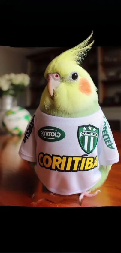 Parrot in a Coritiba football shirt on a wooden table.