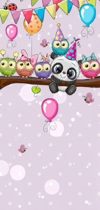 Cute cartoon owls and panda in party hats on a branch with pastel balloons.