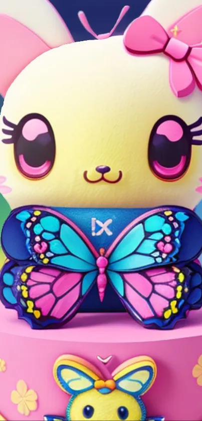 Kawaii pastel animal wallpaper with butterfly wings and pink tones.