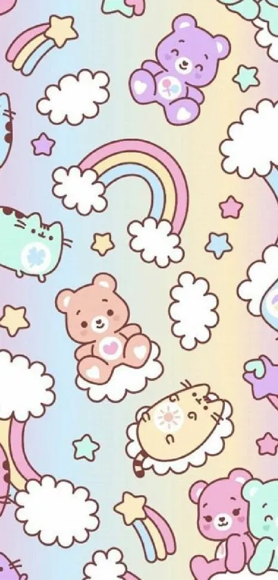 Pastel mobile wallpaper with cute bears, cats, rainbows, and fluffy clouds.