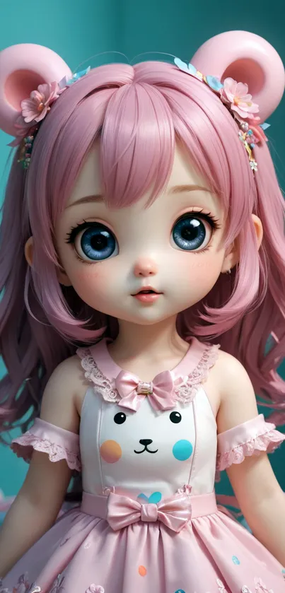 Anime doll with pink hair and big blue eyes in a pastel dress.