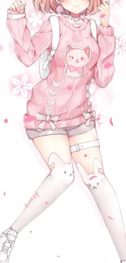 Anime girl in pink with cat-themed sweater and white knee-high socks.