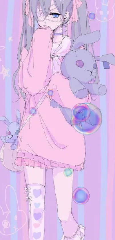 Cute pastel anime girl with bunnies in pink and lavender tones.