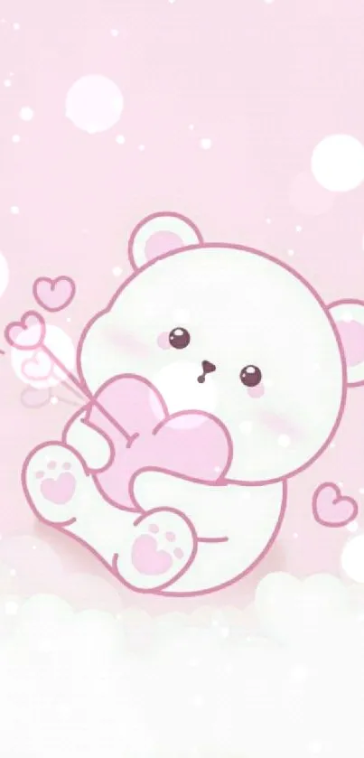 Cute pastel bear holding a heart on a pink background.