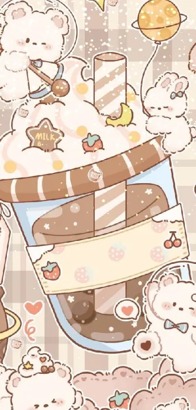 Cute pastel bubble tea wallpaper with cartoon animals.