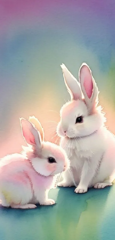 Two cute white bunnies on a pastel rainbow background.