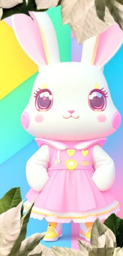 Pastel mobile wallpaper with cute bunny in a pink dress.