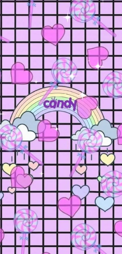 Pastel candy grid wallpaper with rainbows and hearts.