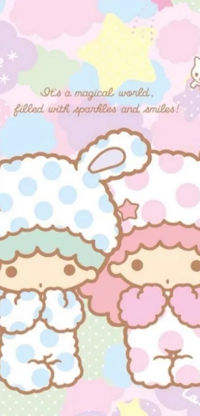 Pastel cartoon wallpaper with cute characters in a magical world.