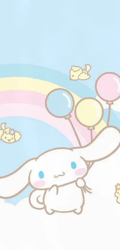 Cute cartoon with balloons and rainbow on pastel sky.