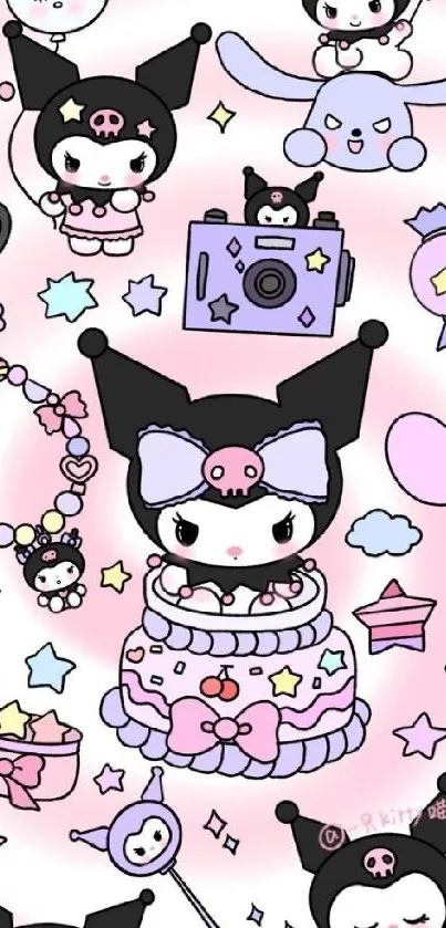 Cute pastel cartoon wallpaper with kawaii characters and accessories.