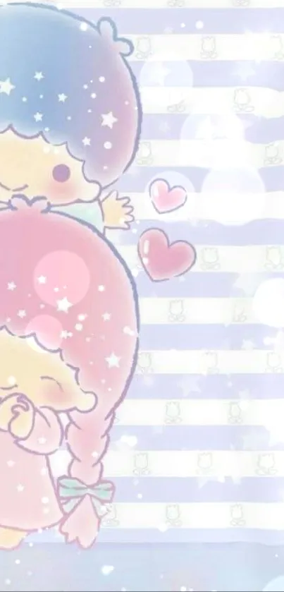 Pastel kawaii cartoon wallpaper with cute characters and hearts.