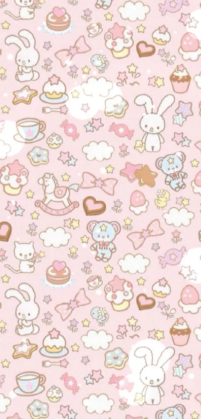 Cute pastel pink cartoon wallpaper featuring animals and treats.