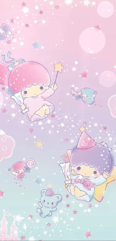 Cute pastel cartoon wallpaper with whimsical characters in pink and blue hues.