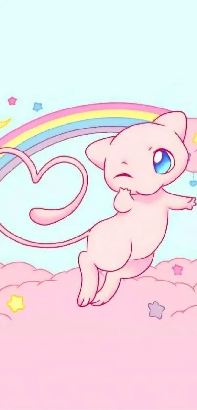 Cute pastel cartoon character on clouds with rainbow.