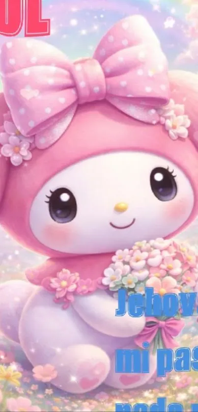 Cute pastel cartoon character in pink with flowers.