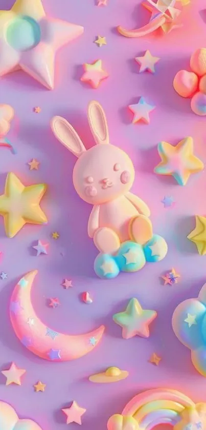 Cute pastel cartoon wallpaper with bunnies, stars, and soft colors.